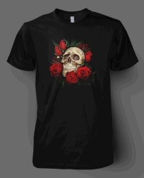 roses skull black t shirt design direct to fabric printing
